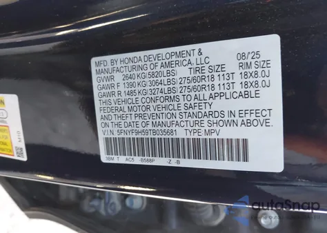 2026 Honda Passport Awd Trailsport/Awd Trailsport Blackout from USA, damaged, VIN 5FNYF9H59TB035681
